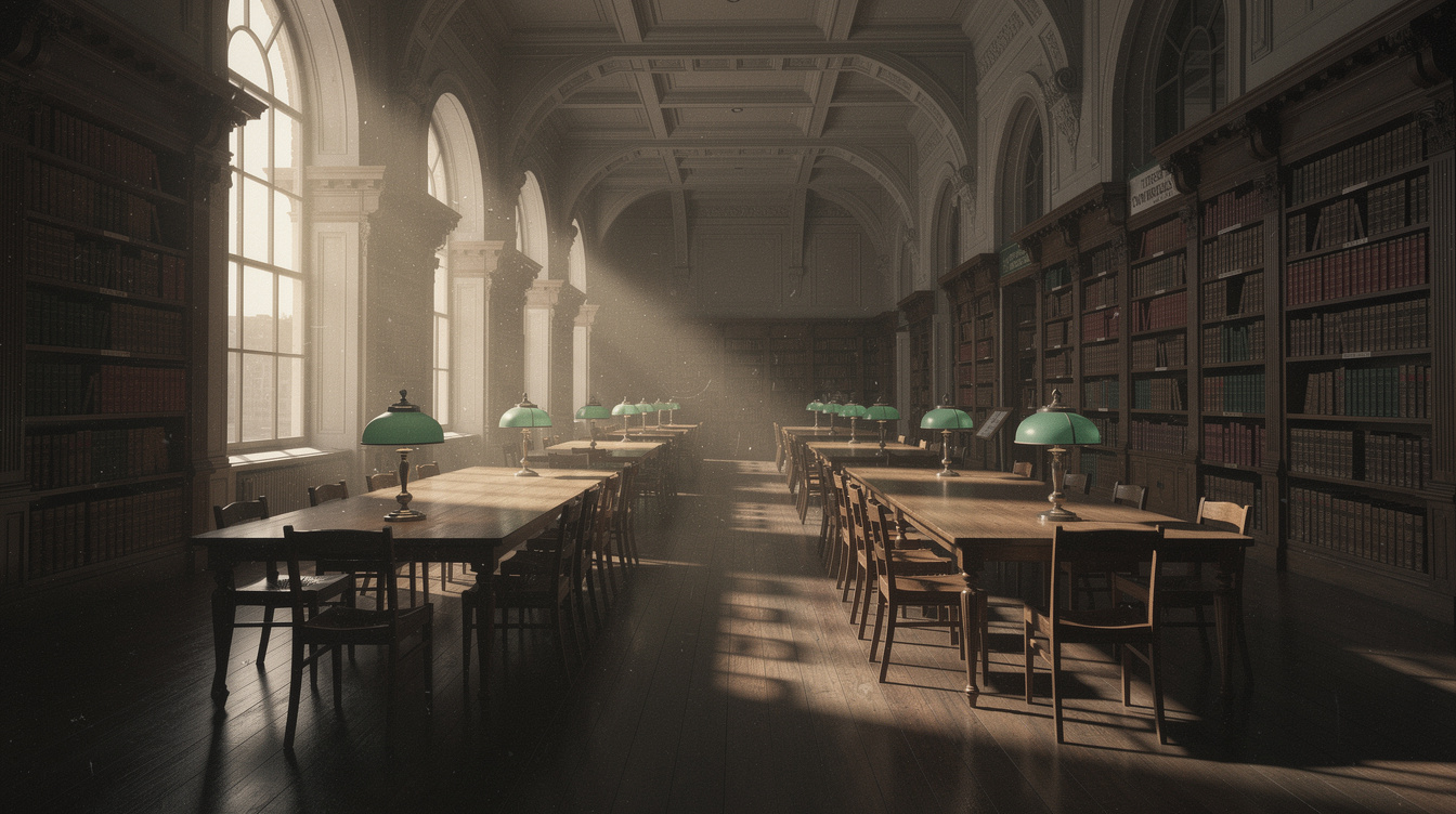 Empty grand European library reading room with warm light