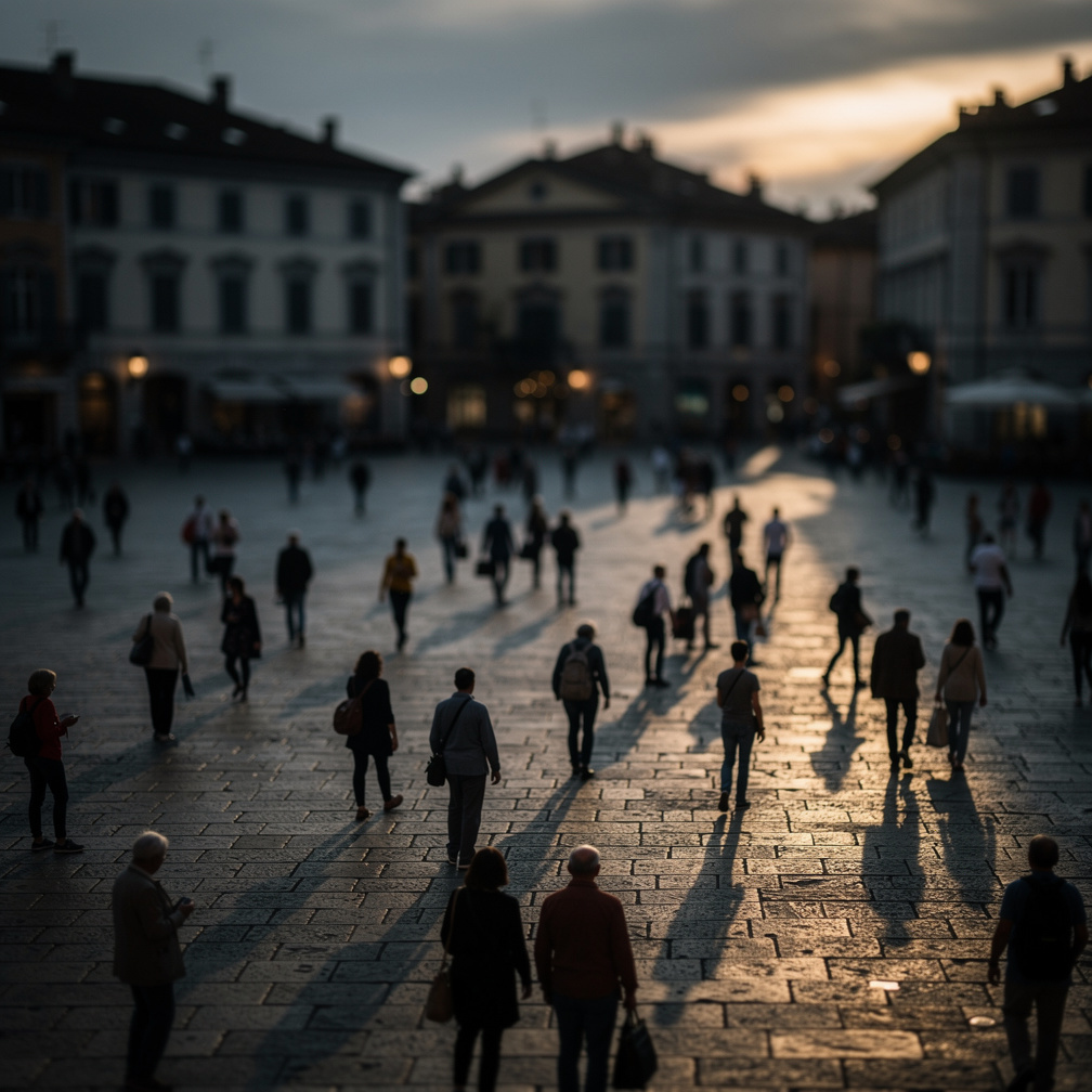 Distant blurred silhouettes of an anonymous crowd crossing a plaza at dusk